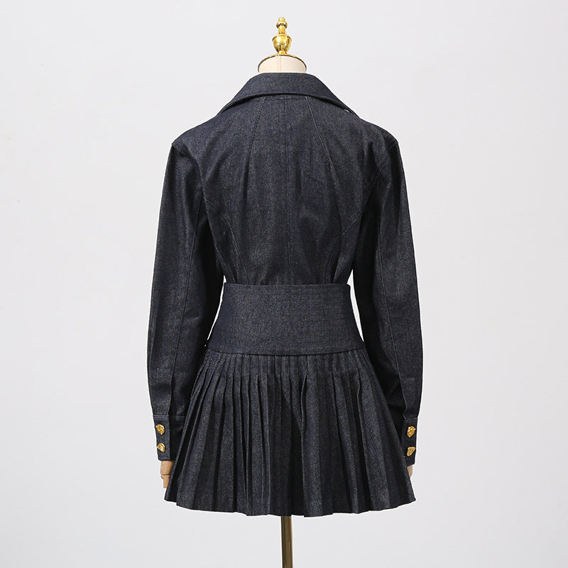 Florence Single-Breasted Top Pleated Skirt In Navy Blue