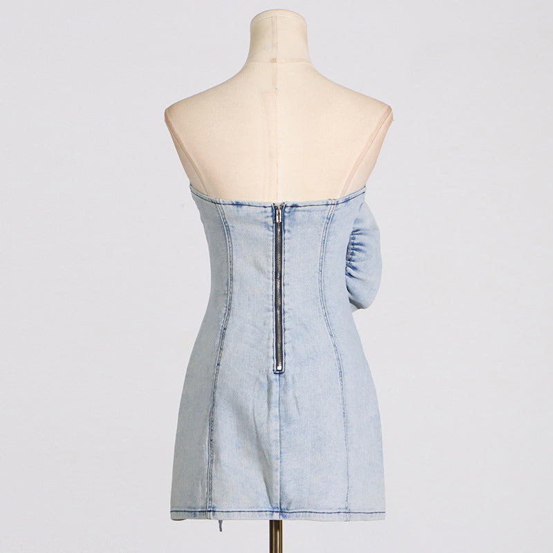Flowering Girl Women Alison Blue Ruffled Trim Strapless Denim Mini Dress