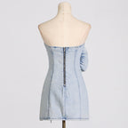 Flowering Girl Women Alison Blue Ruffled Trim Strapless Denim Mini Dress