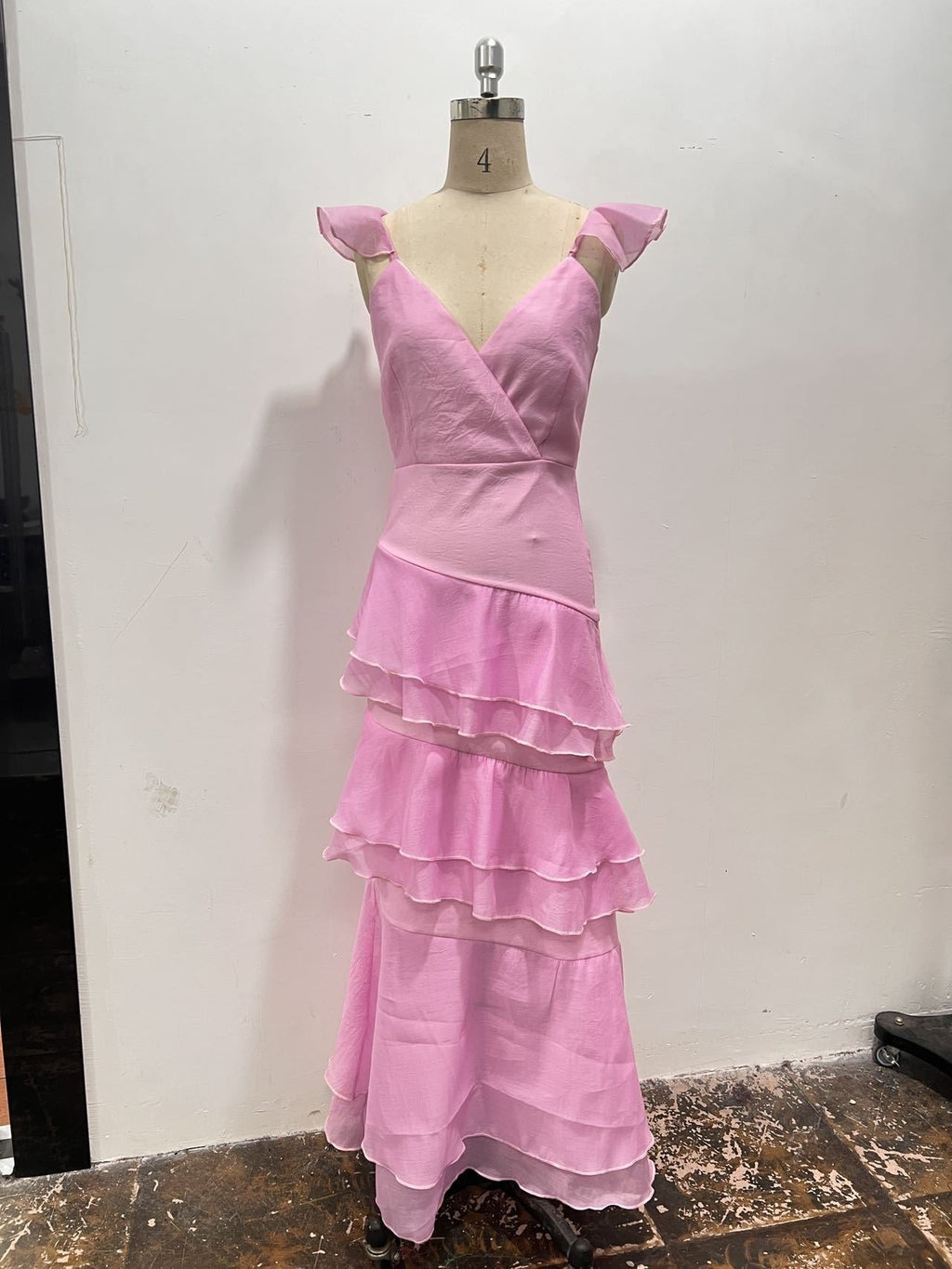 lucy Chiffon Ruffle layered Midi Dress in pink