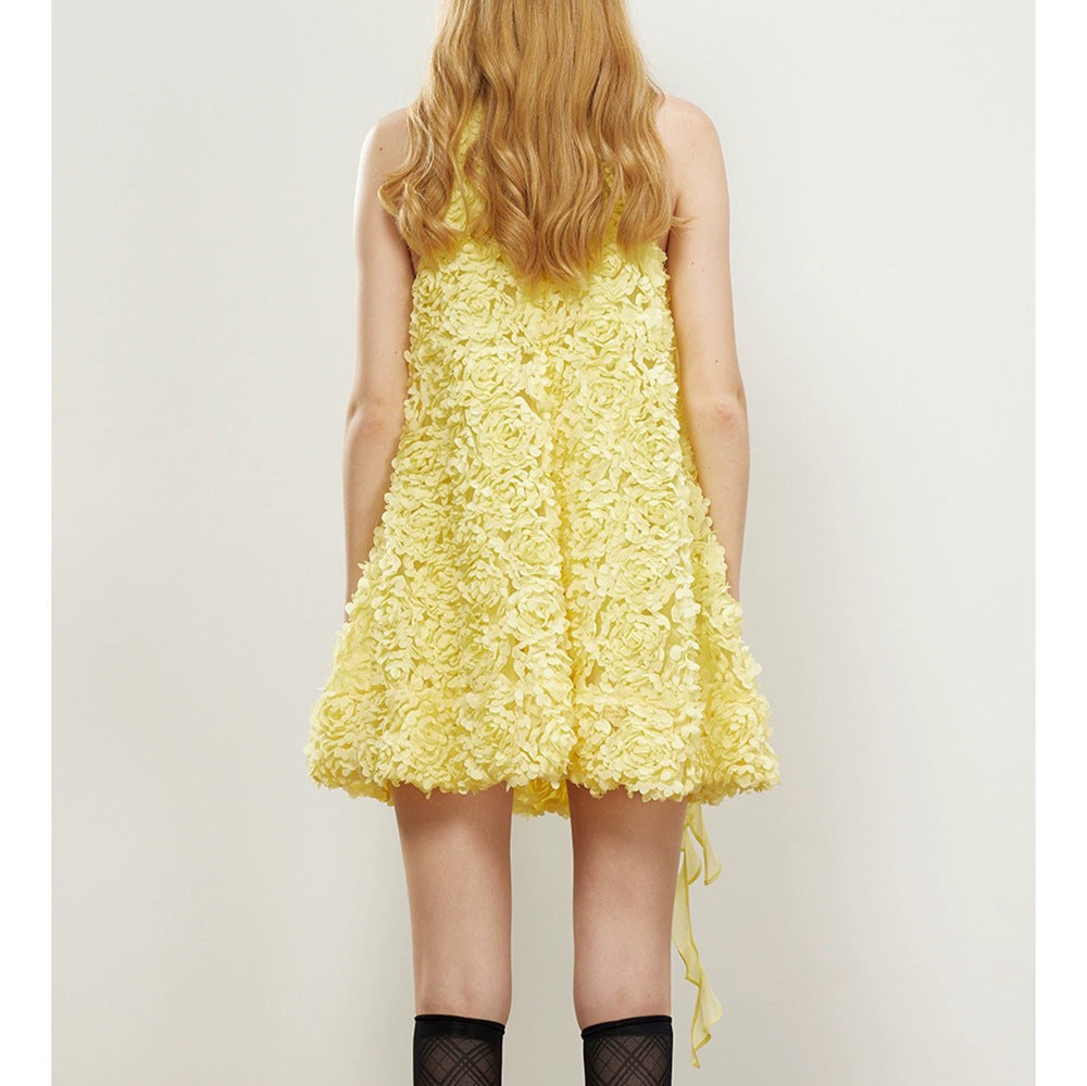 Flowering Girl Women Ribbon halter mini dress in yellow