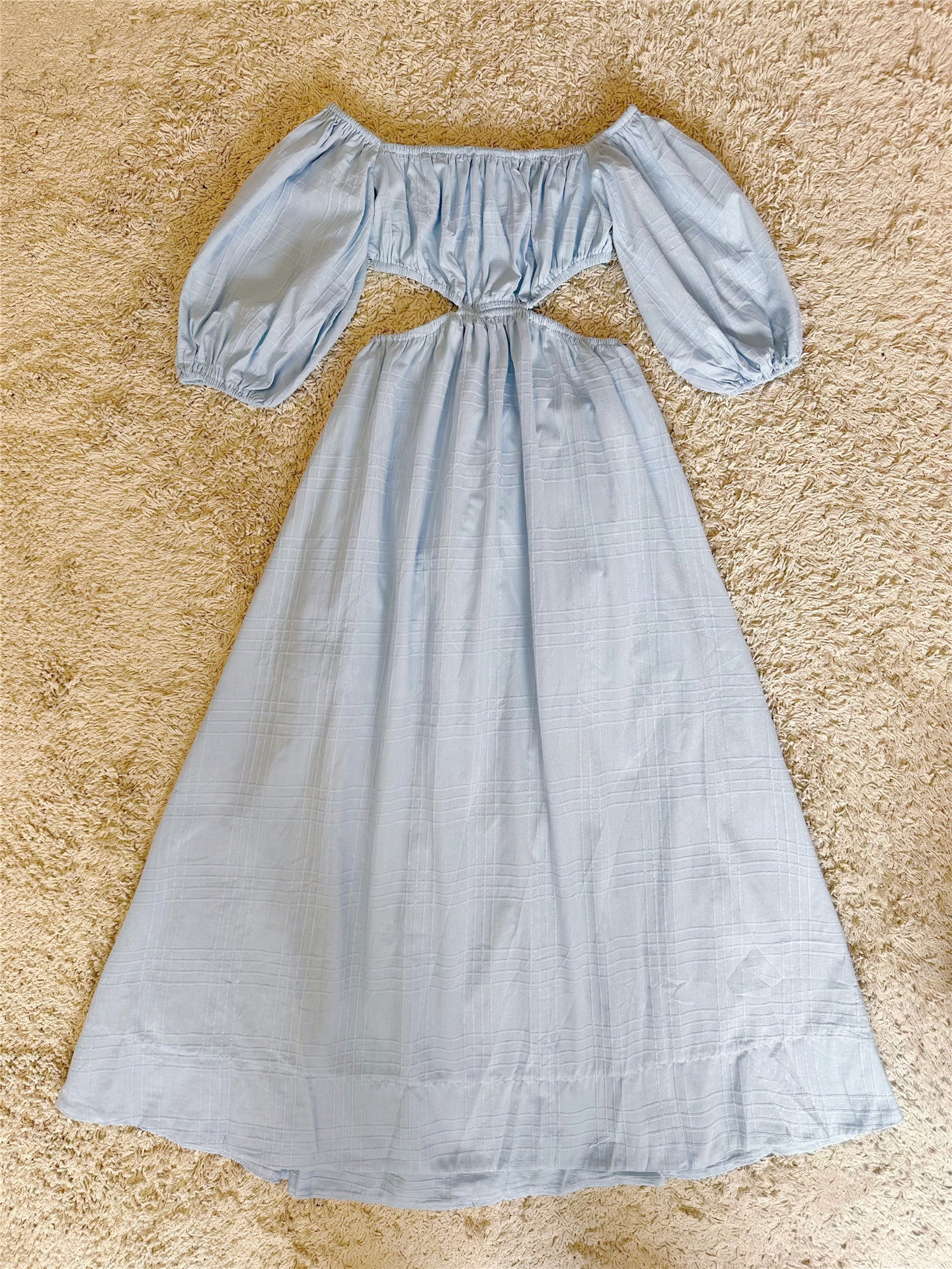 Off Shoulder Puff Sleeve Cutout Waist Maxi Dress