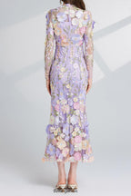 Flowering Girl Women CAROL PURPLE FLORAL EMBROIDERY MESH LONG SLEEVE MIDI DRESS