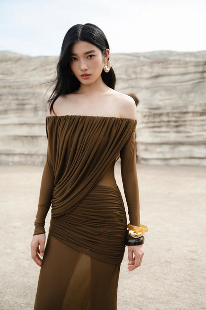 cara Off-shoulder long sleeve pleated mesh maxi dress in brown