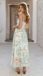 green large swing floral linen sleeveless slip dress