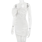 SATIN CRYSTAL EMBELLISHED BOW DRESS IN WHITE