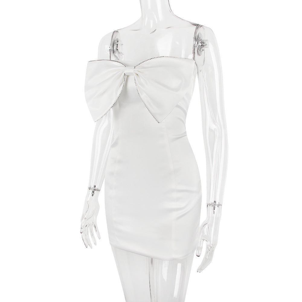 SATIN CRYSTAL EMBELLISHED BOW DRESS IN WHITE