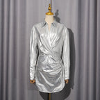 Maud Metallic Pleated Shirt Mini Dress In Silver