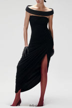 lola black Off-shoulder asymmetrical-draped high slit maxi dress