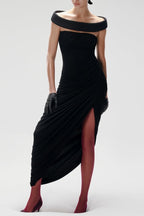 Lola Black Off-Shoulder Asymmetrical-Draped High Slit Maxi Dress