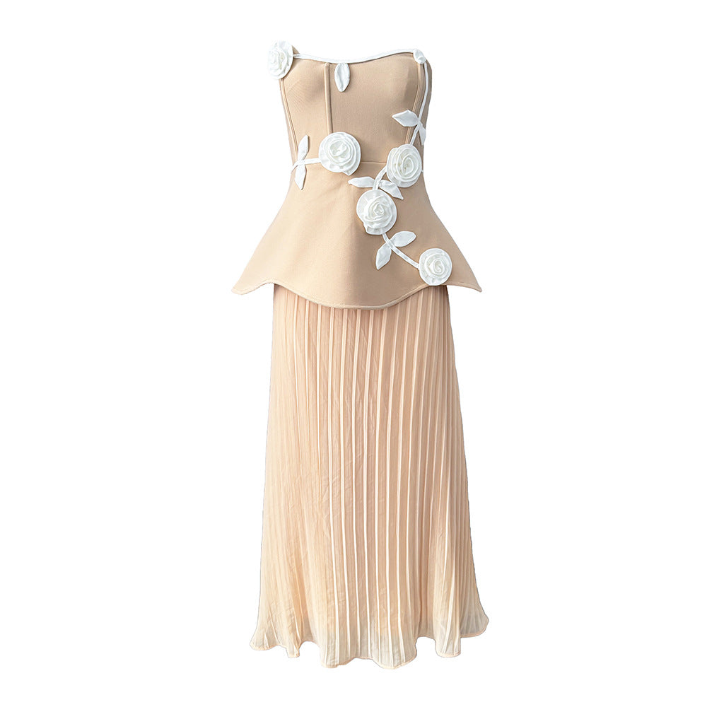 Flowering Girl Women Strapless 3D Rose Appliqué Peplum Maxi Dress