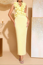 Cynthia 3D Flower v-Neck Sleeveless Bodycon Maxi Dress In Yellow