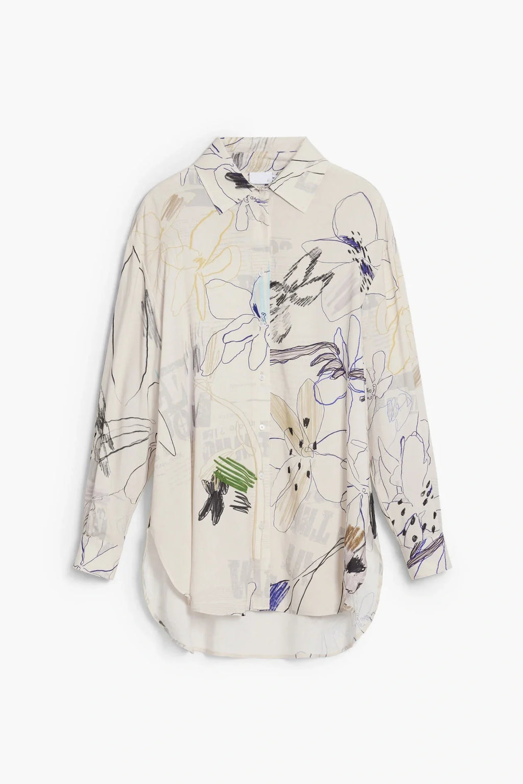 Cream Abstract Floral Sketch Print Long Sleeve Oversized Shirt