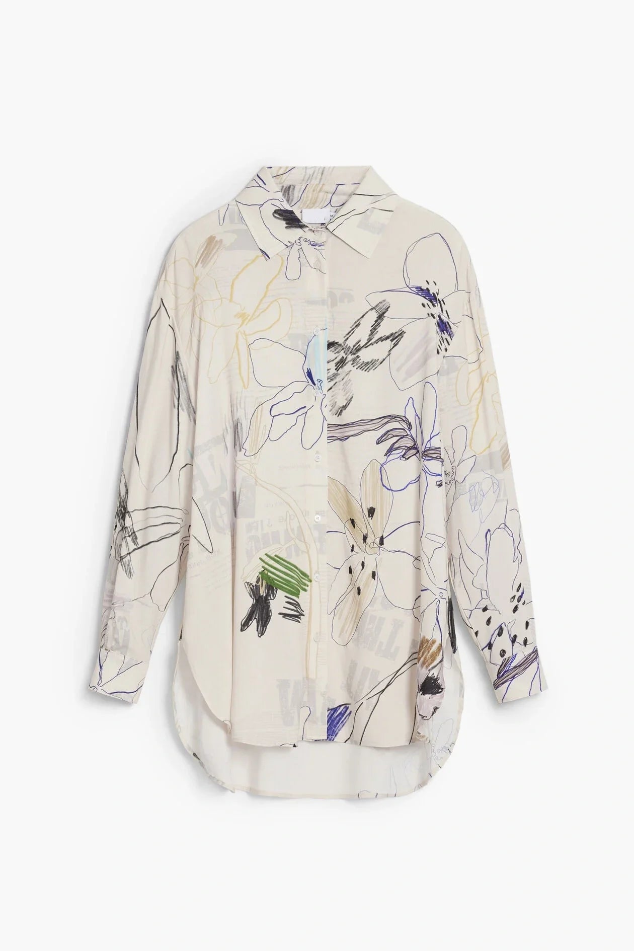Cream Abstract Floral Sketch Print Long Sleeve Oversized Shirt