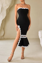 Fishtail lace slit tube top midi dress in black