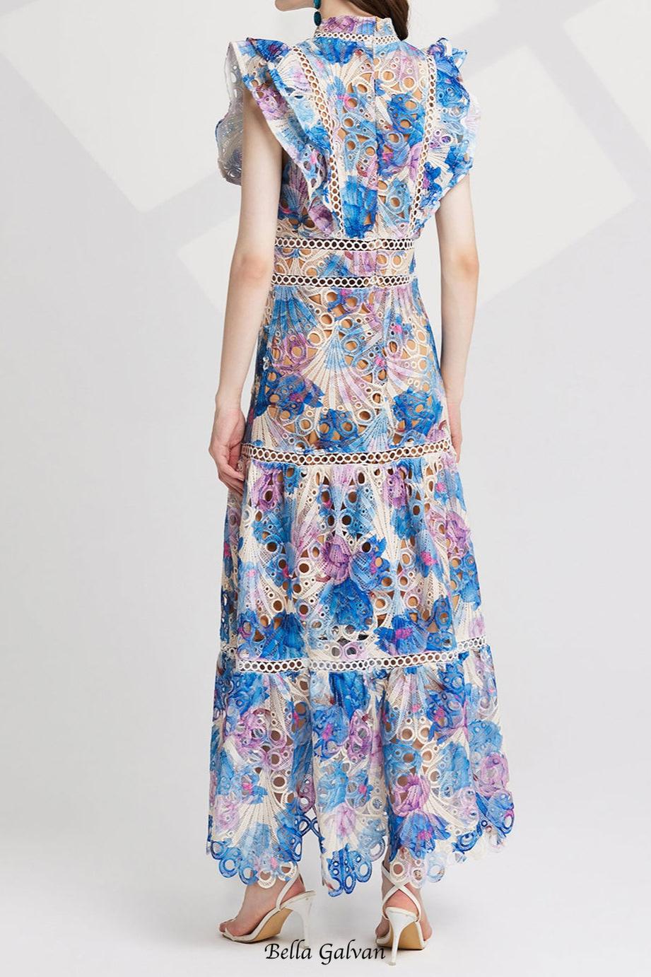 Flowering Girl Women chloe hollow out flower embroidery maxi dress in blue