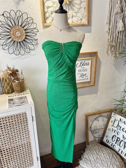 Strapless Front Keyhole Ruched Side Slit Midi Bodycon Dress