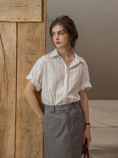striped color-block patched rolled-sleeve shirt