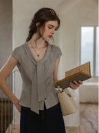 Flowering Girl Women plaid French slim-fit V-neck tied blouse