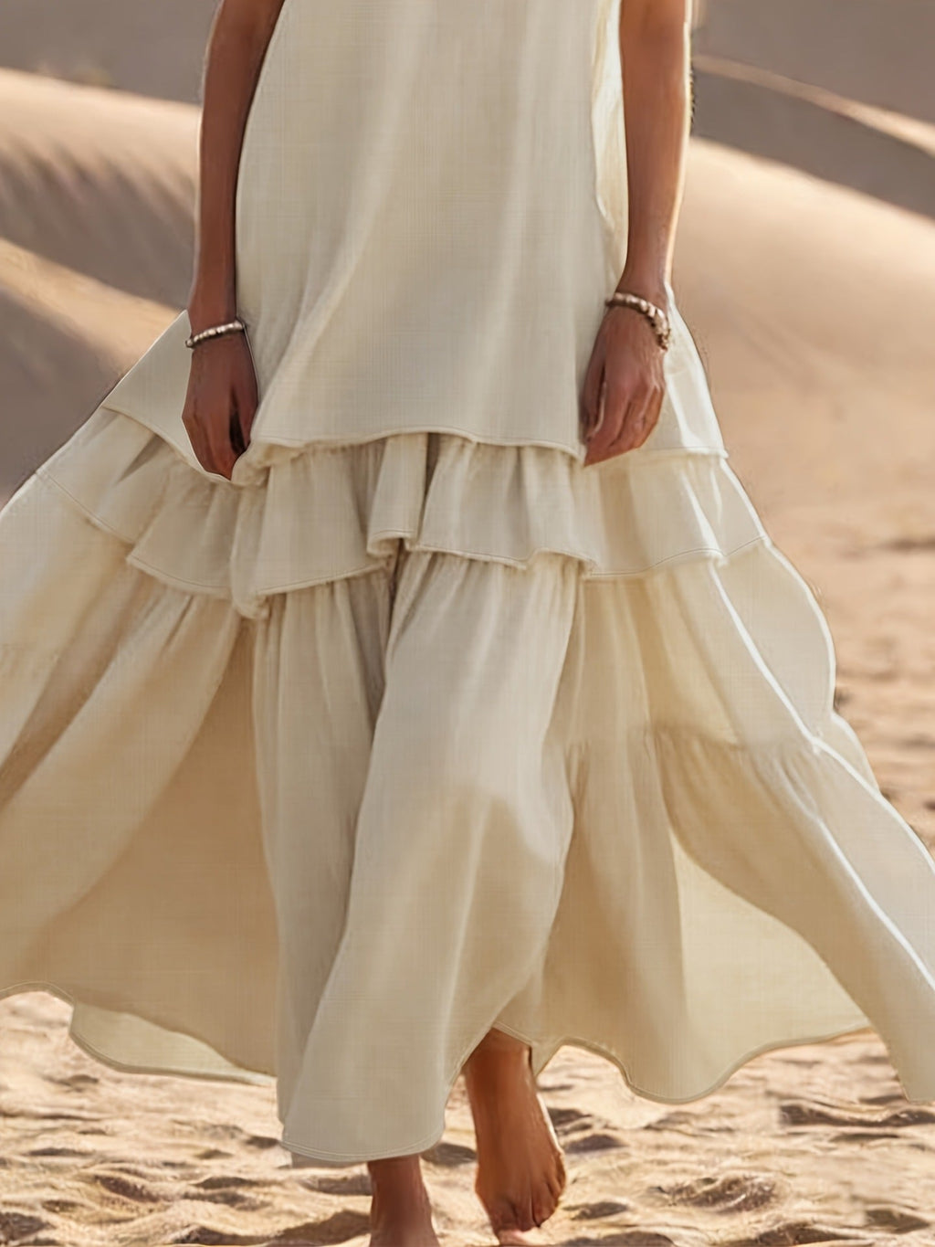 Flowering Girl Women Sleeveless V-Neck Tiered Ruffle Maxi Dress