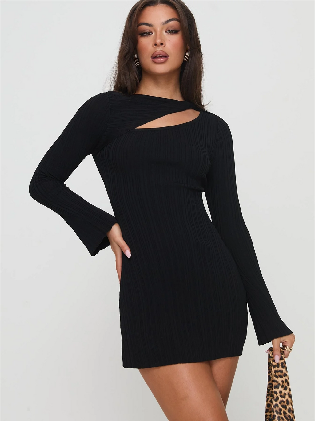 Flowering Girl Women black cut-out flared sleeve knitted long sleeve dress