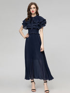 jocelyn ruffled pleated cape embellished midi dress - navy blue