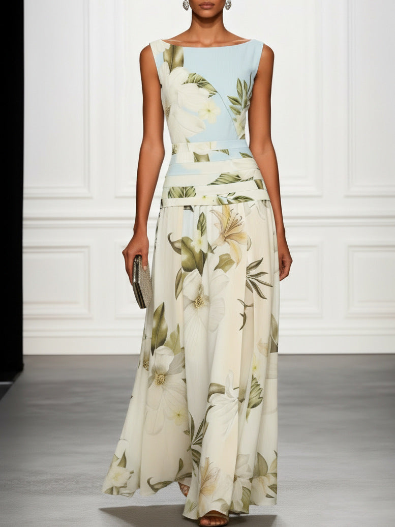 Floral Print Ruched Sleeveless A-Line Maxi Dress