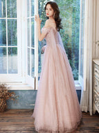 Pink One-Shoulder Pearl Maxi Evening Dress