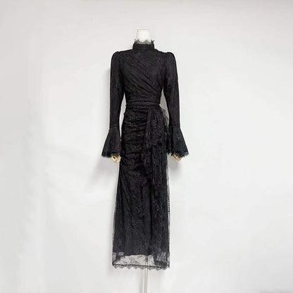 victoria Long lantern sleevelace-trim maxi dress - black