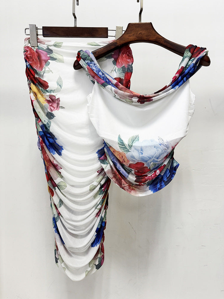 shirley white Off-Shoulder floral print Ruched Top skirt set
