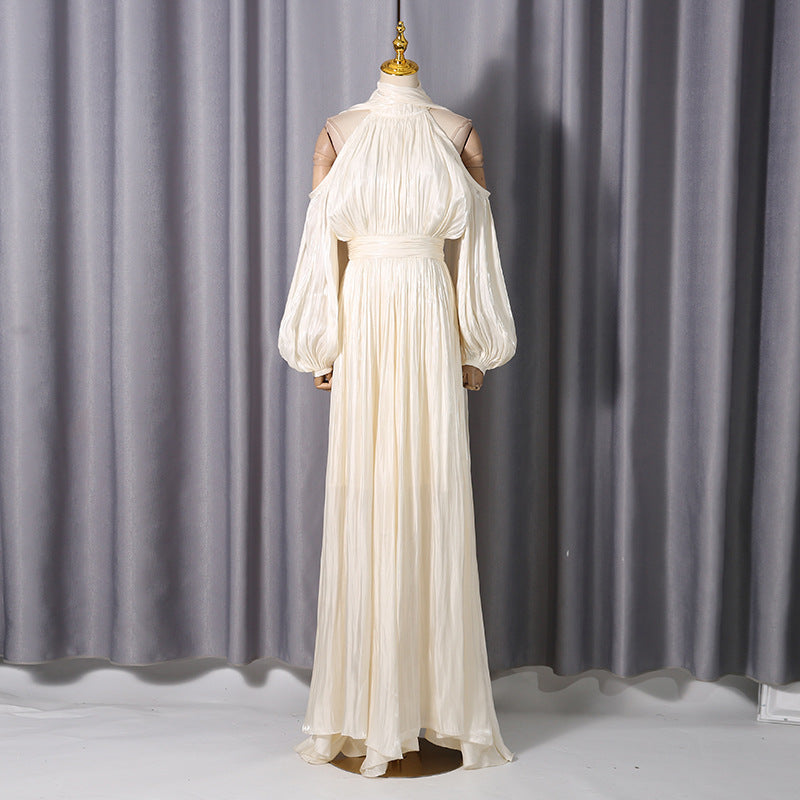 Ashley Apricot Off Shoulder Pleated Puff Sleeve Maxi Dress