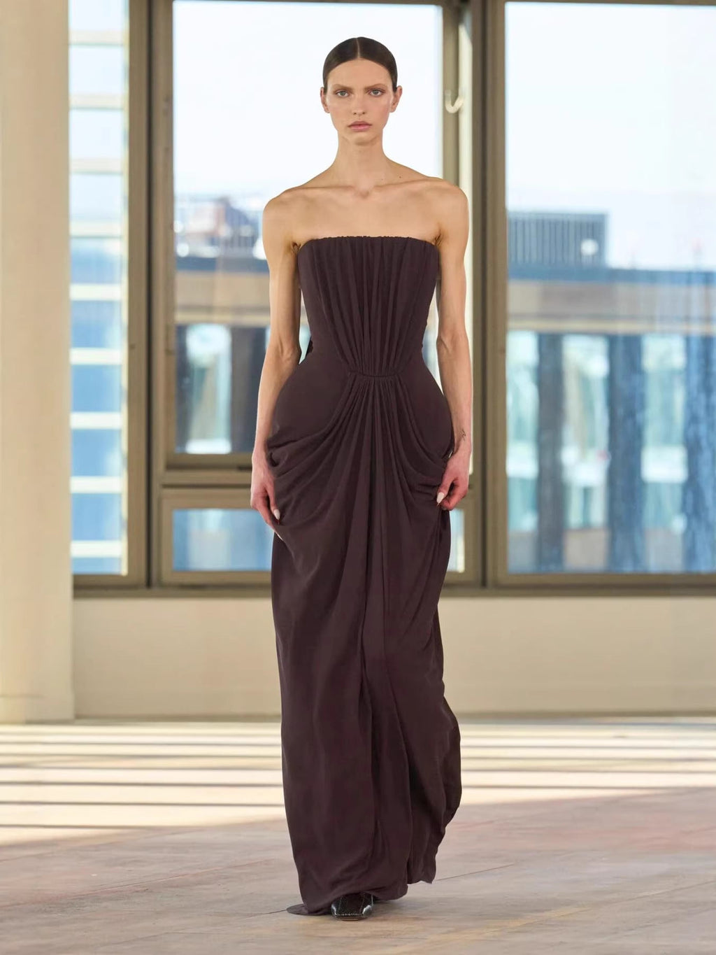 Simona Pleated Crepe Jersey Strapless Gown In Brown