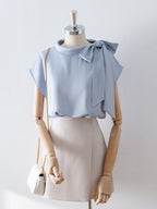 Flowering Girl Women Asymmetrical Side Big Bow Stand Collar Cap Sleeve Satin Blouse