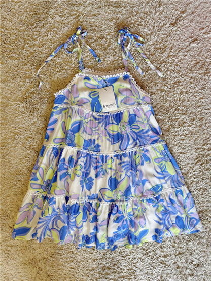 floral crochet wavy pocket bow lace-up dress