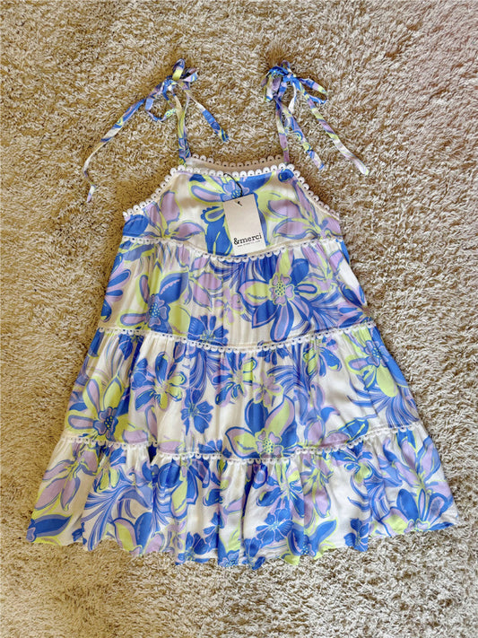 floral crochet wavy pocket bow lace-up dress