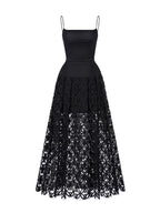 Flowering Girl Women Black Spaghetti Strap Pleated Bodice Floral Cutout Lace Midi Dress