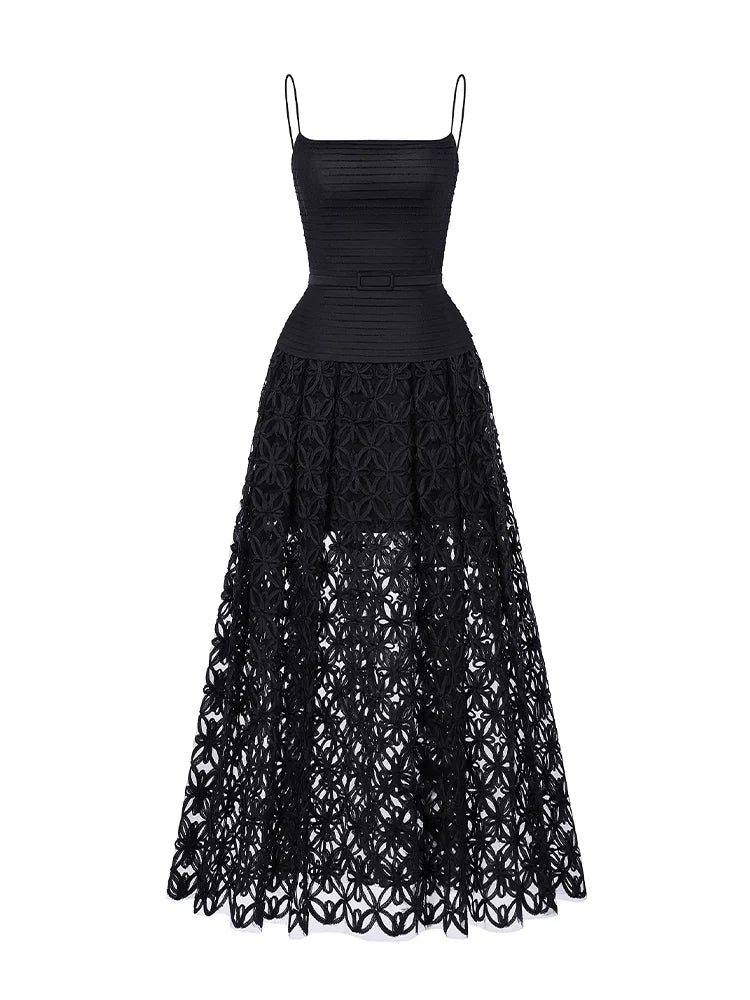 Flowering Girl Women Black Spaghetti Strap Pleated Bodice Floral Cutout Lace Midi Dress