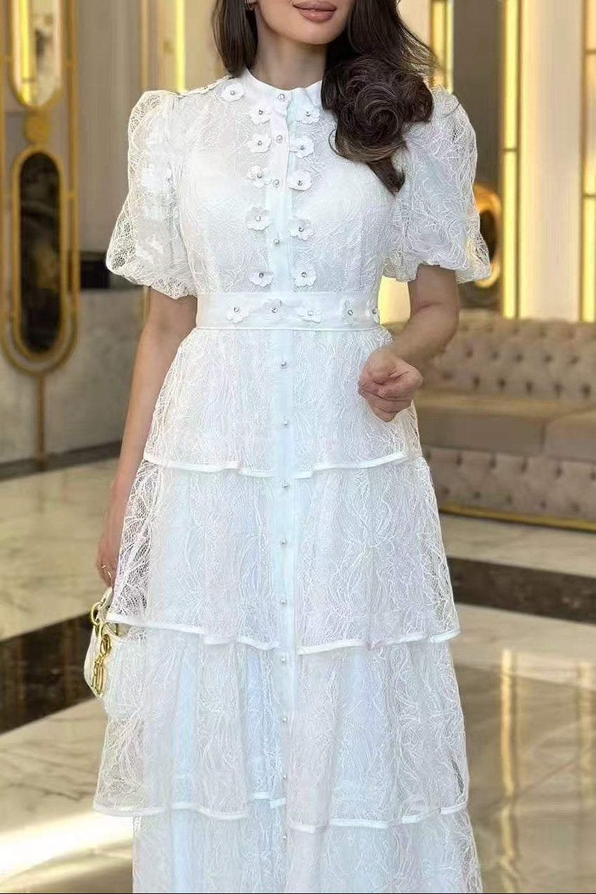 Elvira Appliqué Lace Layer Maxi Dress In White