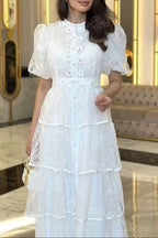 Elvira Appliqué Lace Layer Maxi Dress In White