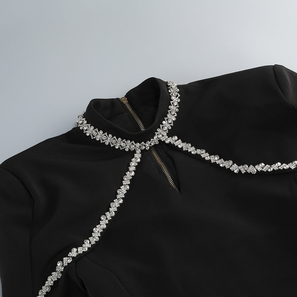 Flowering Girl Women diamond chain embellished trumpet sleeve mini dress in black