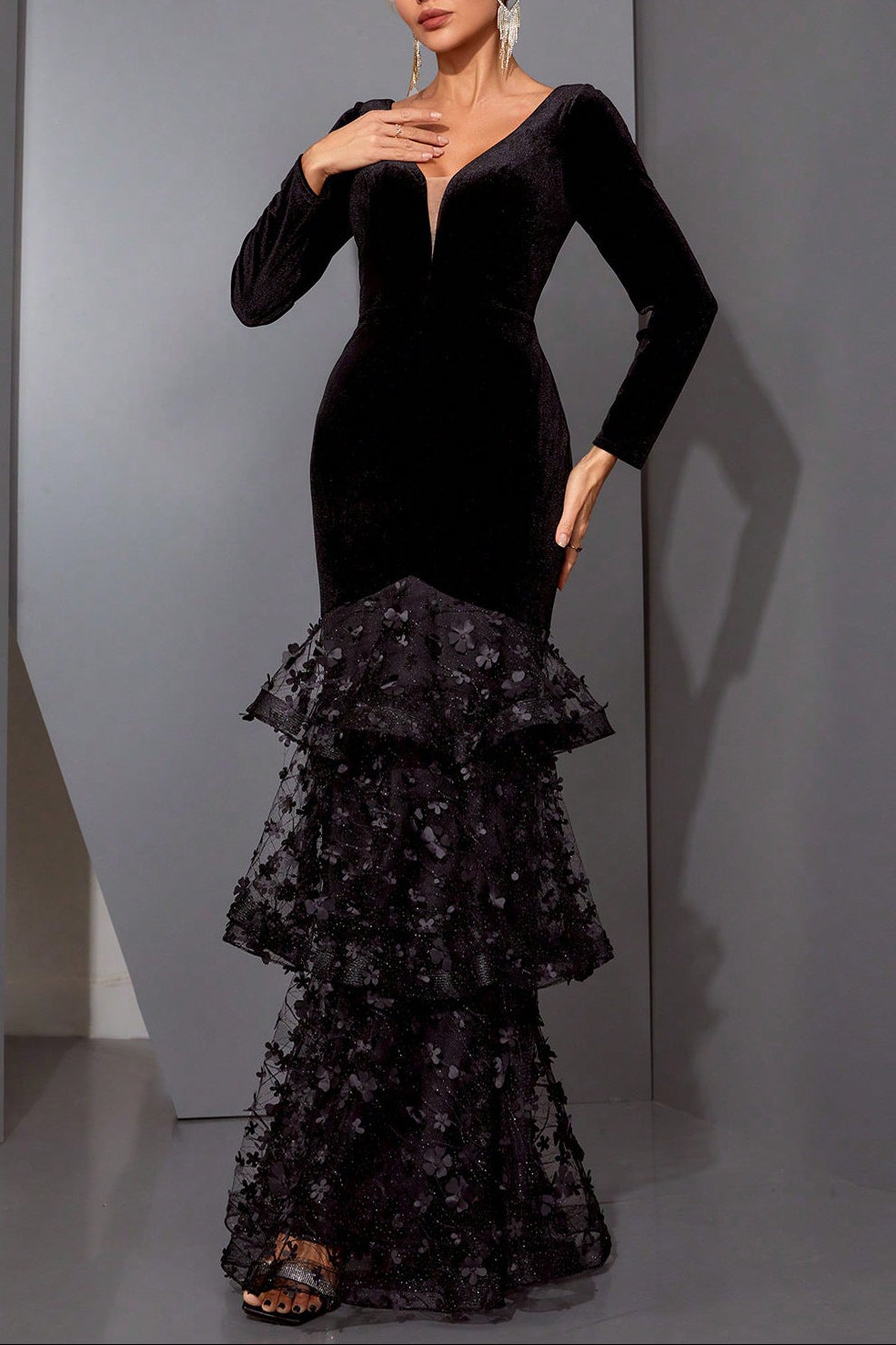 Eunice Black Flower Appliqué Fishtail Layer Velvet Maxi Dress