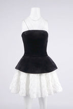 Petal-layered velvet top mini skirt suit without glove - black/white