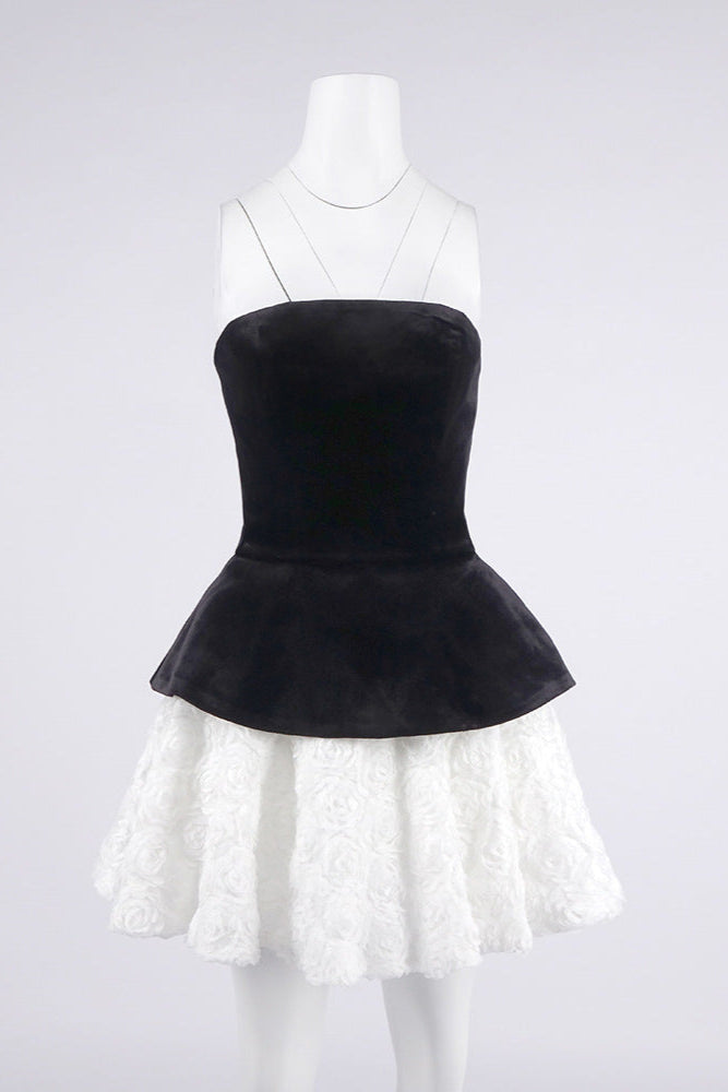 Flowering Girl Women Petal-Layered Velvet Top Mini Skirt Suit Without Glove - Black/White