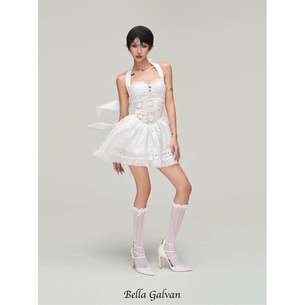 halter embroidered hollow mini dress in white