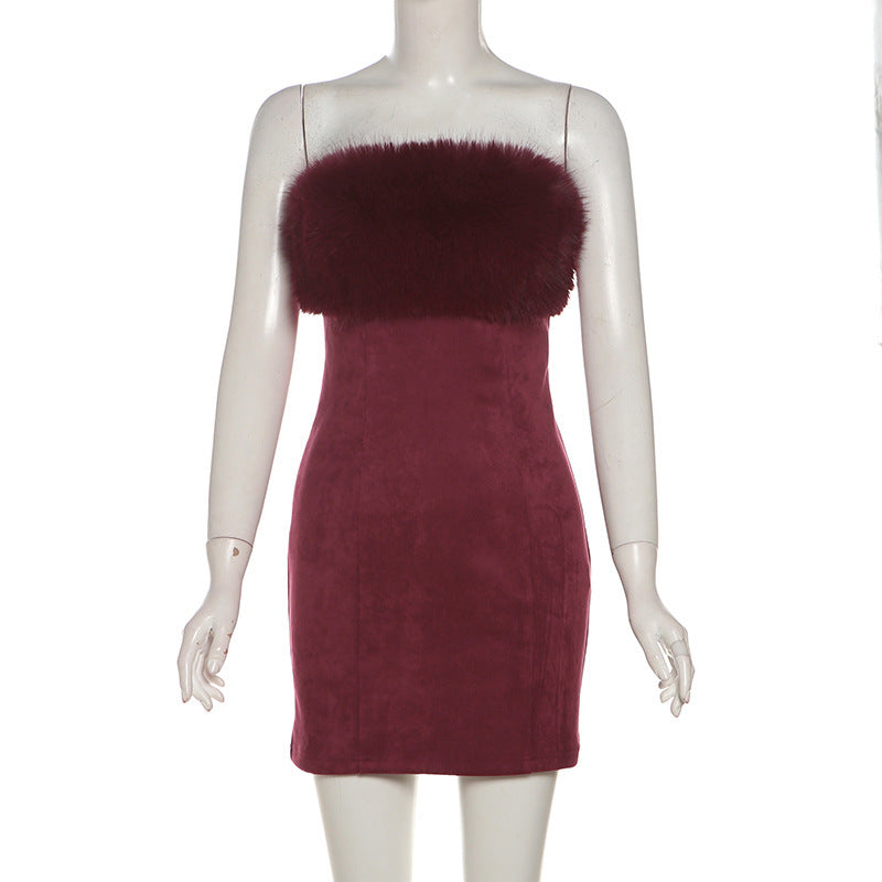 Flowering Girl Women Irene Fur Trim Bandage Mini Dress In Burgundy