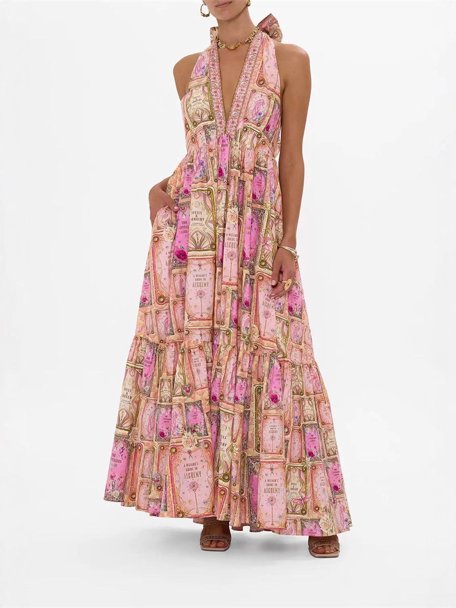 Flowering Girl Women V-neck halter neck printed maxi dress - pink