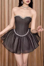 Debby Tube Top Fishbone Mesh Tulle Tutu Mini Dress In Black