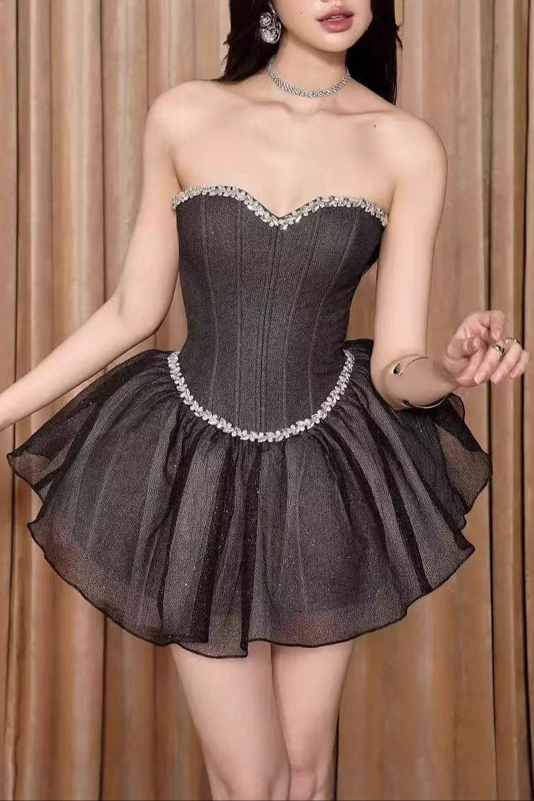 Debby Tube Top Fishbone Mesh Tulle Tutu Mini Dress In Black