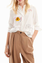White Sunflower & Text Print Long Sleeve Button-Down Shirt