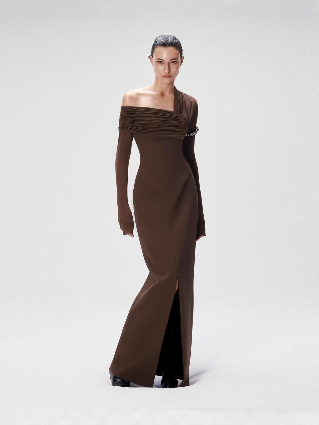 Flowering Girl Women maud One-shoulder pleated high-slit maxi dress - brown
